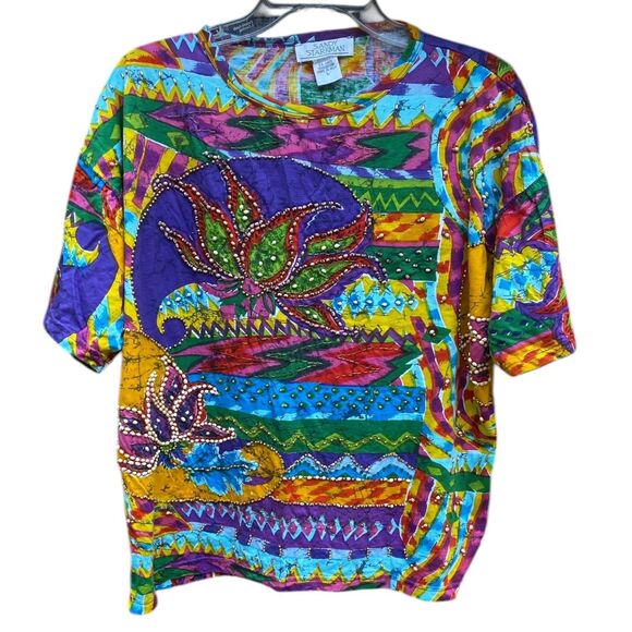 Vtg Sandy Starkman L Beaded Studded Multicolor T-Shirt Rainbow Artsy Statement - Picture 4 of 16